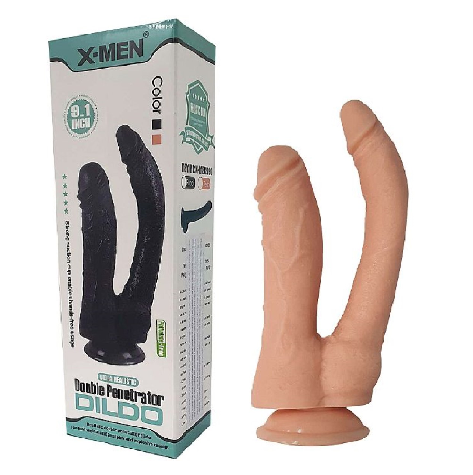 X-MEN dvostrani dildo boje kože za duplu penetraciju — 20 / 24 cm — XMEN2089